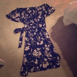 Navy and floral sundress with waist tie.